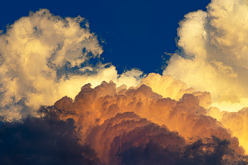 White & blue soft cumulus clouds in the sky close up background, big fluffy cloud texture, beautiful cloudscape skies backdrop, sunny cloudy heaven pattern, cloudiness weather landscape, copy space