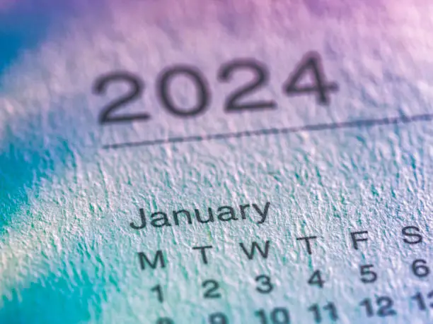 Photo of 2024 calendar, focus on January