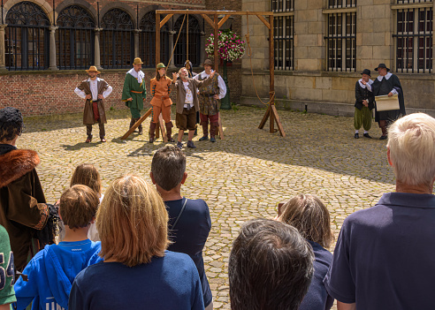 Leiden, The Netherlands - July 14, 2019: During the Leiden Rembrandt days, the trial of Adriaan Adriaanszoon is reenacted at the court at the Pieterskerk.