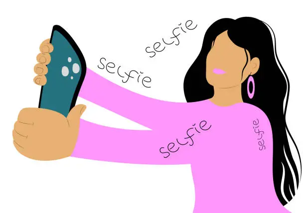 Vector illustration of Young cheerful girl holding smart phone and taking picture of herself.