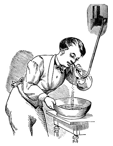 Victorian nasal irrigation machine by Dr. Ray Vaughn Pierce (a wall mounted neti pot). Vintage etching circa 19th century.