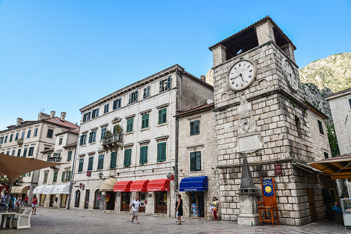 Kotor, Montenegro - June 16, 2017: Clock Tower inside Stari Grad. Kotor Montenegro.