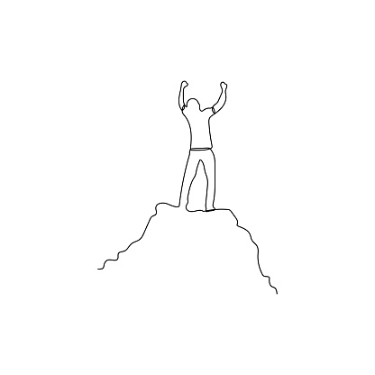 Winner man on mountain peak. Line art. Man stands with arms outstretched on top of the mountain. Success, power, motivation concept. Hand drawn vector illustration.
