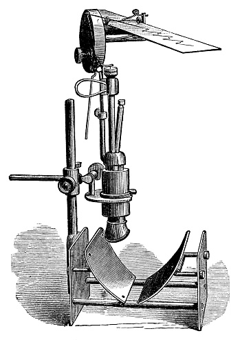 Victorian medical equipment, sphygmograph by Dr. Erasmus Arlington Pond. Vintage etching circa 19th century.