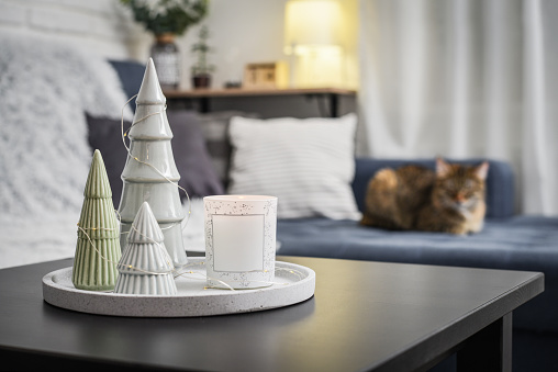 Christmas decorations with candle on coffee table in living room near couch closeup