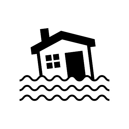 Flooded home vector icon in black solid flat design icon isolated on white background