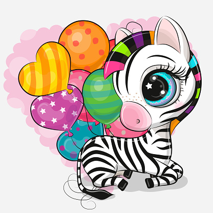 Cute Cartoon Zebra with colorful balloons