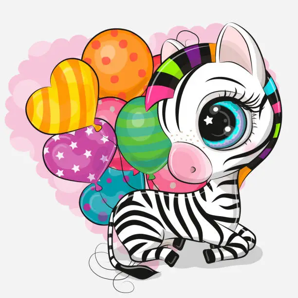 Vector illustration of Cartoon Zebra with colorful balloons