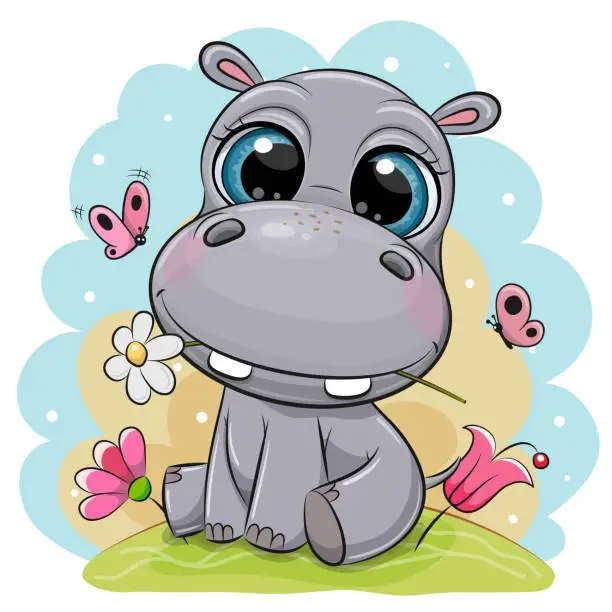 Vector illustration of Hippo with flowers on a blue background