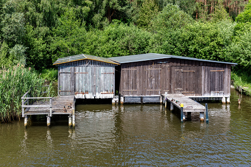 typical boat shacks in the Mecklenburg Lake District, Germany