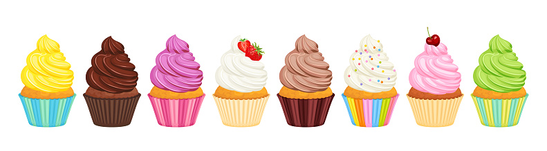 Cupcakes with whipped cream set. Row of different bright festive colorful cakes. Vector cartoon illustration of sweet dessert.