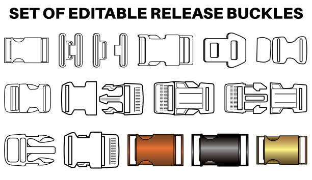 Quick Release buckles flat sketch vector illustration, set of bag accessories, lock, Clips, Berg and ladder locks buckles for back packs, climbing equipment, garments dress fasteners and Clothing belt Quick Release buckles flat sketch vector illustration, set of bag accessories, lock, Clips, Berg and ladder locks buckles for back packs, climbing equipment, garments dress fasteners and Clothing belt buckle stock illustrations