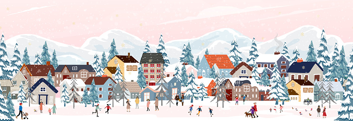 Seamless pattern Winter landscape,Celebrating Christmas and New Year 2024 in City at night with happy people playing ice skate in the park,Vector horizontal banner winter wonderland in countryside