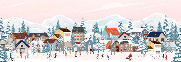 Seamless pattern Winter landscape,Celebrating Christmas and New Year 2024 in City at night with happy people playing ice skate in the park,Vector horizontal banner winter wonderland in countryside Seamless pattern Winter landscape,Celebrating Christmas and New Year 2024 in City at night with happy people playing ice skate in the park,Vector horizontal banner winter wonderland in countryside snow storm city stock illustrations