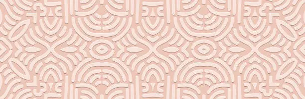 Vector illustration of Banner, cover design. Embossed ethnic 3D boho pattern. Pale pink background, geometric ornaments with minimalistic elements. Tribal flavor of the East, Asia, India, Mexico, Aztec.