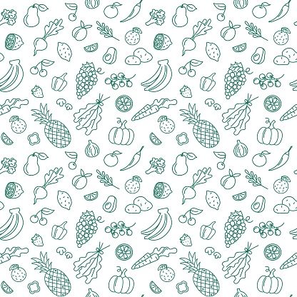 Fruits and vegetables seamless pattern. Doodle Food elements vector background. Hand drawn outline illustration of pineapple, bananas, grape, pumpkin and berries.