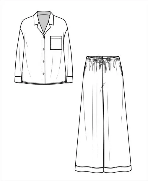Vector illustration of Vector drop shoulder shirt with pants fashion CAD, woman long sleeve shirt and trousers technical drawing, sketch, template, flat, mock-up. Woven fabric pajama set with front, back view, white color