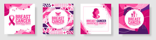 breast cancer awareness month social media post banner template set celebrated in October. breast cancer awareness month social media post banner template set celebrated in October. Holiday concept. background, banner, placard, card, and poster design template with ribbon and text. breast cancer symbol for facebook stock illustrations