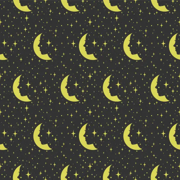 Vector illustration of Profile of woman with moon yellow seamless pattern