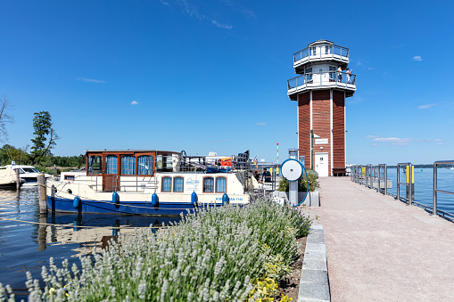 Plau am See, Germany - June 16, 2020: observation tower in the harbor of Plau