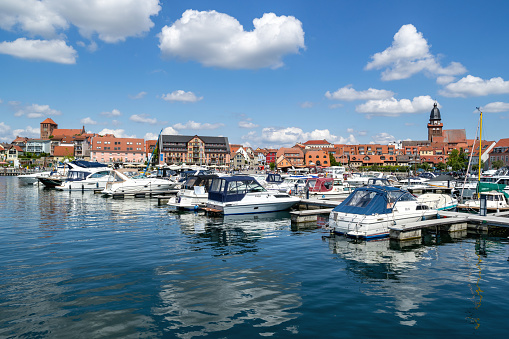 Waren (Müritz), Germany - June 9, 2020: lakeside view of Waren, a town and climatic spa in the state of Mecklenburg-Vorpommern