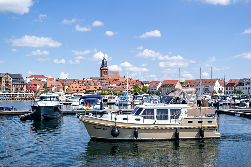 Waren (Müritz), Germany - June 9, 2020: lakeside view of Waren, a town and climatic spa in the state of Mecklenburg-Vorpommern