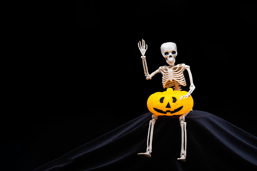 A human skeleton greeting, waving, holding a Halloween orange pumpkin on a black background. Halloween Greeting Card