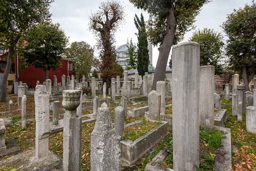 View of the ancient Cemetery in garden of Selimiye Mosque which is in UNESCO World Heritage List. Edirne, Turkey.