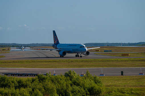 Landvetter, Sweden - May 28 2023: Brussels Airlines Airbus A319-111 OO-SSW taxing out for take off at Landvetter GOT.