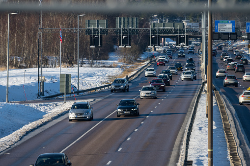 Gothenburg, Sweden - February 04 2023: Cars driving on a highway in winter.