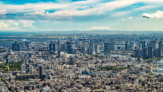 The photograph taken from a tall building (Tokyo Sky Tree) looking on Tokyo