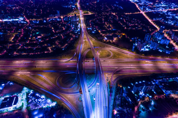 Expressway view from above. Almost empty highway road at night in Canada. stock photo