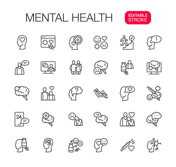 zestaw ikon linii zdrowia psychicznego, edytowalny skok - service line stock illustrations