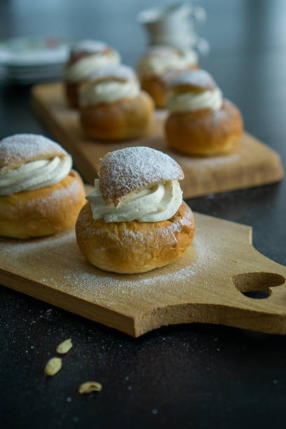 istock Swedish Semla. A traditional scandinavian cream filled cardamom bun with almond paste 1634327321