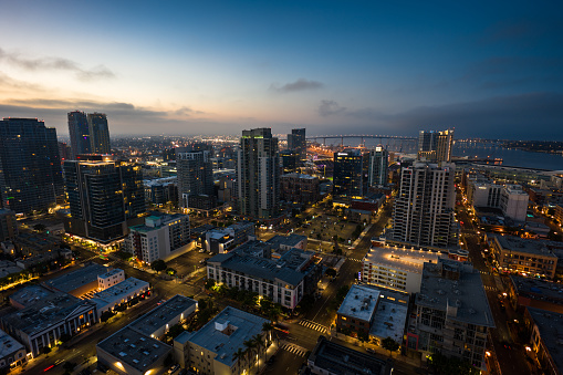 Beautiful downtown San Diego, California shot after a storm cleared at dusk from an elevation of about 300 feet over San Diego Bay during a helicopter photo flight.