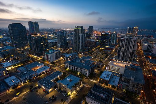 Drone shot of Downtown San Diego before sunrise.  Authorization was obtained from the FAA for this operation in restricted airspace.