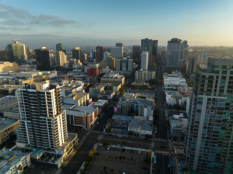 Drone shot of Downtown San Diego at sunrise. This still image is part of a series taken at different times of day from the same location.  Authorization was obtained from the FAA for this operation in restricted airspace.