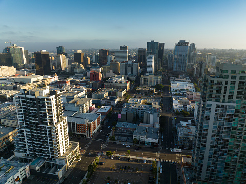 Drone shot of Downtown San Diego at sunrise. This still image is part of a series taken at different times of day from the same location.  Authorization was obtained from the FAA for this operation in restricted airspace.