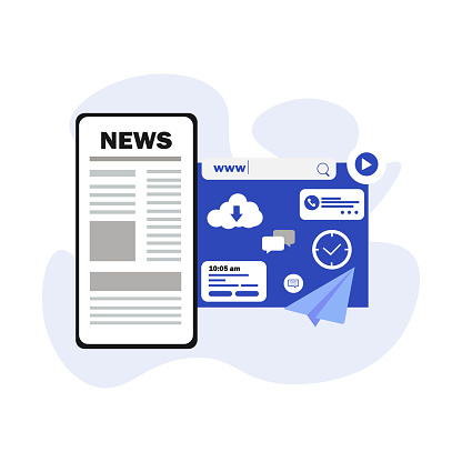 Reading news on a mobile phone. smartphone with newspaper, news site. Modern flat design graphic elements, thin line icons set for web banner, website, infographics. Vector illustration