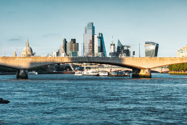 Skyline of London England UK and Waterloo Bridge