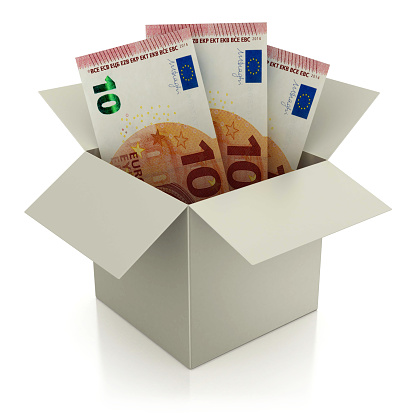 3d render. Box and euro isolated on white background.
