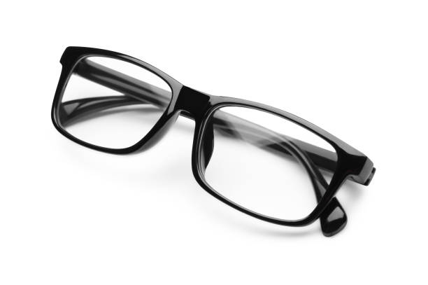 istock Stylish glasses with black frame isolated on white 1634379318