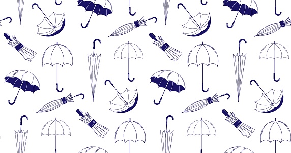 Seamless pattern with umbrellas in outline style. Linear illustration of umbrellas in different positions and different shapes. Vector linear illustration on a white isolated background.