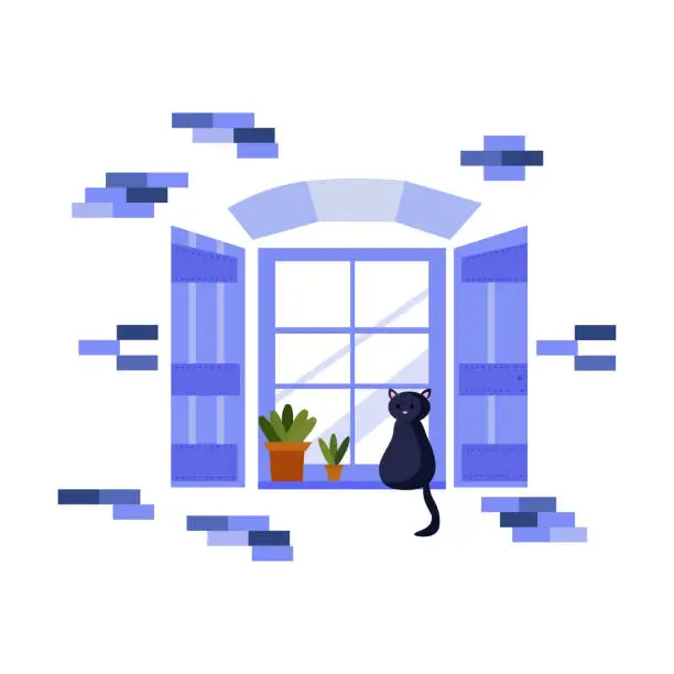 Vector illustration of Cat sleeping on windowsill outdoors.Vector illustrator
