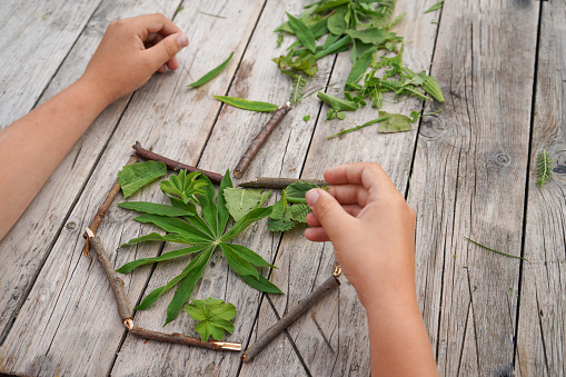 Summer crafts apple made from green leaves and dry sticks. DIY. The development of imagination. step by step