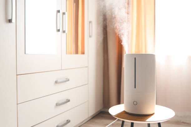 istock Modern air humidifier on table in living room. Space for text 1634438795