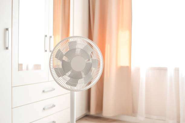 istock White desktop electric fan on light white room. Minimal concept with copy space 1634438796