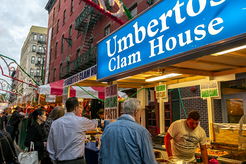 New York City, NY, USA, September 20, 2012, Crowd People Visiting, Street Food Vendor, Little Italy Festival , San Genaro