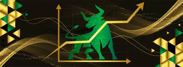 Vector illustration of Bull market or bullish run trend in crypto currency or stocks. Trade exchange background, green up arrow graph for increase in asset value. Cryptocurrency stock share price chart. Global economy boom. Gold Golden color.