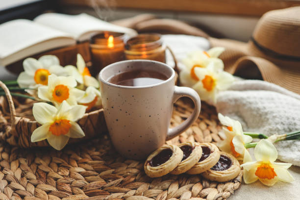 istock Cup of hot tea and spring home interior. good morning concept 1634457957